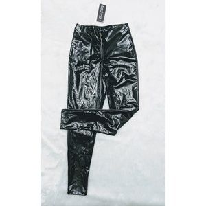 High rise black vinyl leggings